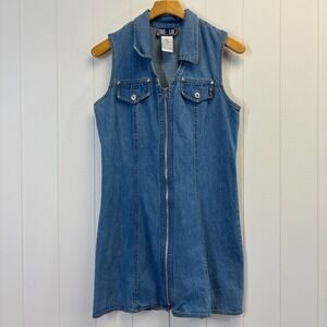 Vintage True Blue Womens 90s Western Sleeveless Zip Denim Mini Dress Size 9 Boho